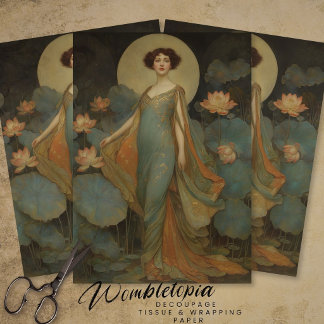 Papel De Seda Retrato de Senhora Art Nouveau com Nenúfares