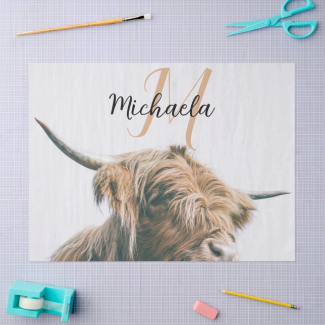 Papel De Seda retrato de vaca das Terras Altas com nome personal (Arte )