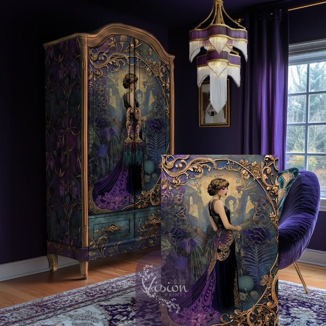 Papel De Seda Retrato Novo da Adorável Garota dos Anos 20 (Flapper Adore, Roaring 20's, Moody Purple, Gilded Nouveau Frame decoupage tissue paper.)