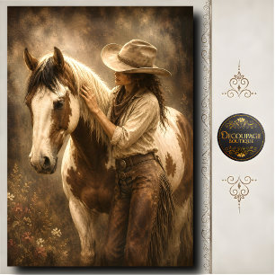 Papel De Seda Retrato Ocidental de Vaqueira com Cavalo Pintado