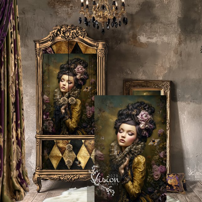 Papel De Seda Retrato Rococó e Arte Floral Vitoriana de Humor (Rococo Buzz Victorian Woman Portrait, Baroque Bee & Floral Decoupage Tissue Paper)