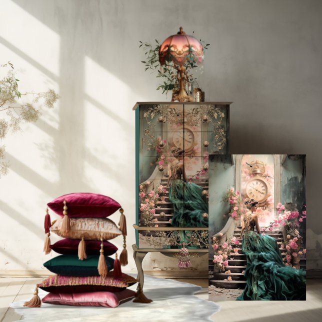Papel De Seda Retrato Rosa e Teal, Sentada Elegante (Teal and Pink, Elegant Woman Sitting, Vintage Clock and Floral furniture Decoupage Tissue Paper)