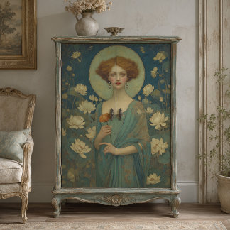 Papel De Seda Retrato Vintage de Mulher com Nenúfar em Estilo Ar