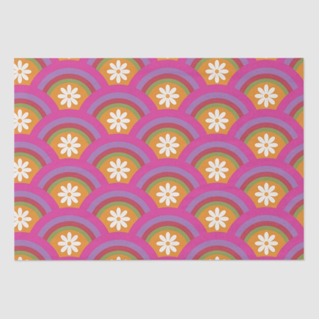 Papel De Seda Retro  70s Daisy flower pattern on rainbow     (Frente )
