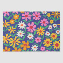 Retro Boho Rosa laranja padrão floral em azul nava