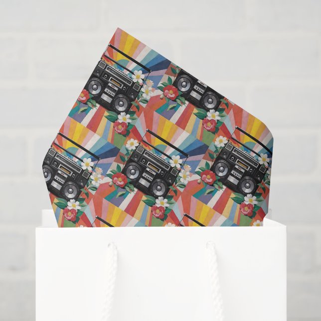 Papel De Seda Retro Boombox Com Arco-Íris E Flores (Sacola de presentes)