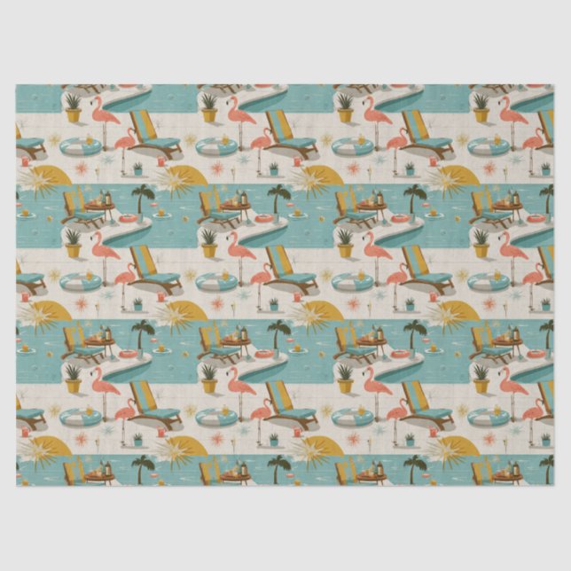 Papel De Seda Retro Flamingo Poolside Summer Pattern (10) (Frente )