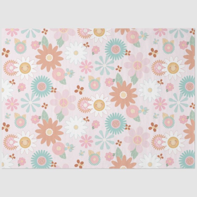 Papel De Seda Retro Floral 60s, 70s, Hippie Daisy Flower Decoupa (Frente )