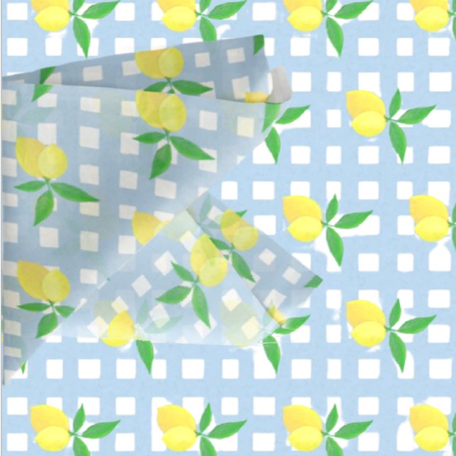 Papel De Seda Retro Preppy Style Yellow Lemons Blue White Check (Sunny lemony tissue paper, for gift wrapping, or découpage!)