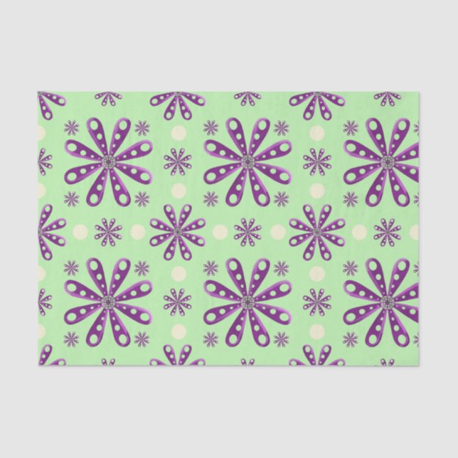 Papel De Seda Retro Purple Flowers on Green Background (Frente )