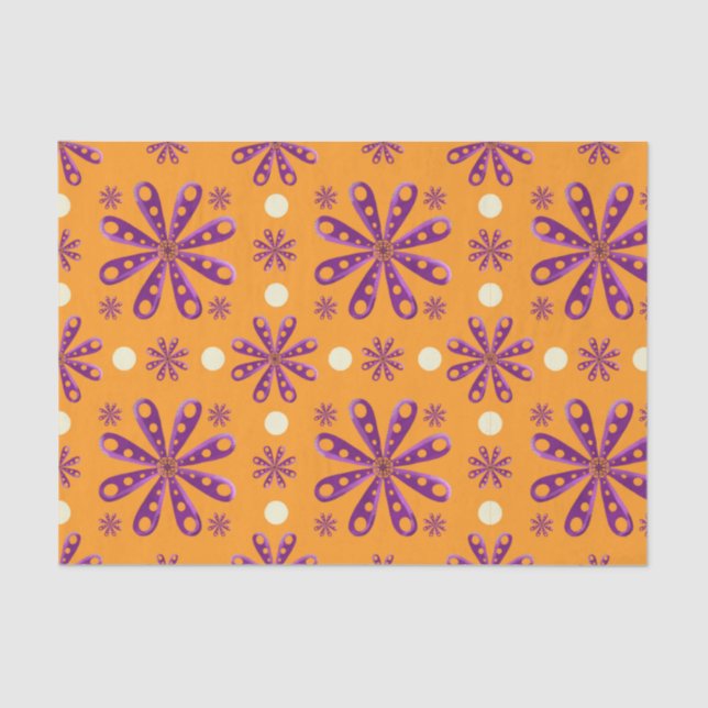 Papel De Seda Retro Purple Flowers on Orange Background (Frente )