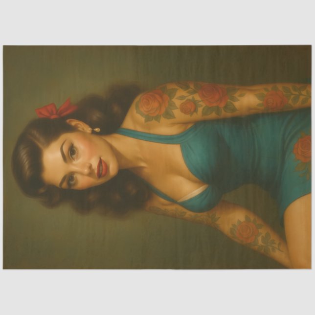 Papel De Seda Retro Teal Pin-Up Tattoo Decoupage (Frente )