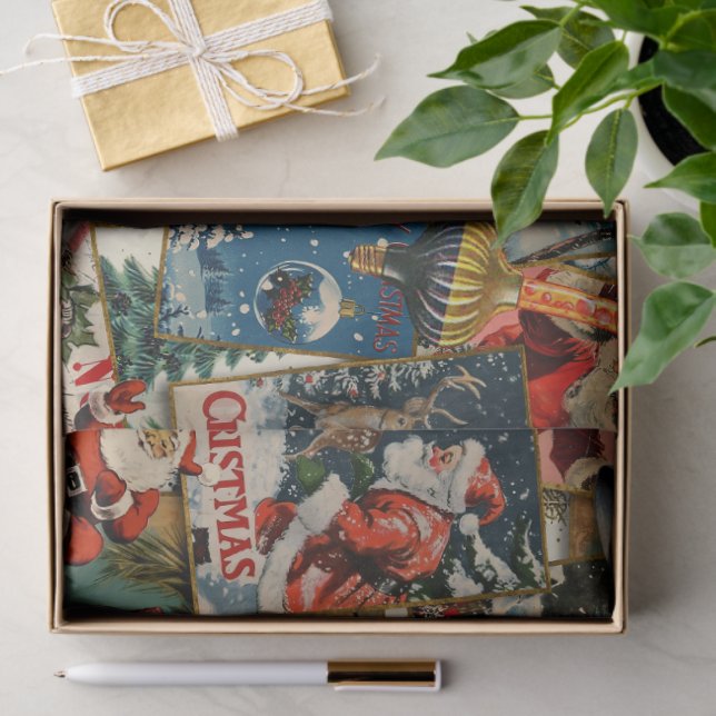 Papel De Seda Retro Vintage Christmas Cards Collage (Presente)