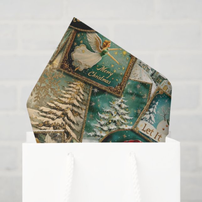 Papel De Seda Retro Vintage Christmas: Green Collage (Sacola de presentes)