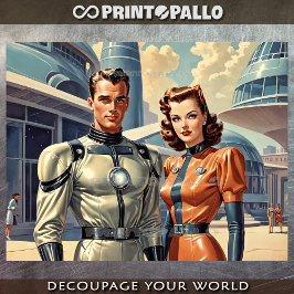 Papel De Seda Retrofuturismo de super-herói de casal dos anos 50