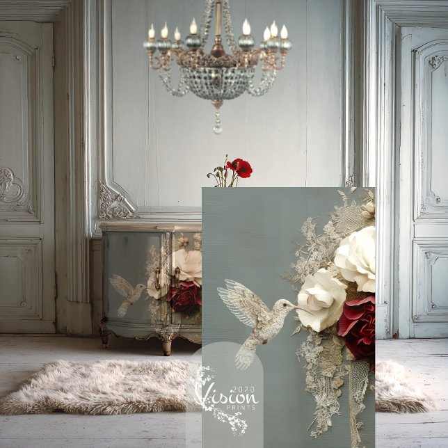Papel De Seda REVERIE IN BLOOM II Hummingbird & Lace (Light blue grey heritage room with statement cabinet, & closeup lace hummingbird & floral art.)