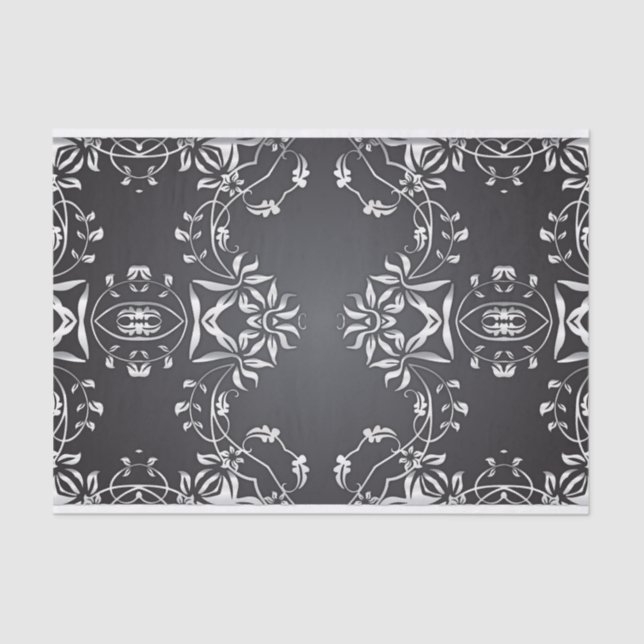 Papel De Seda Rico Elegante Ornamentado Barroco Negro E Prateado (Frente )
