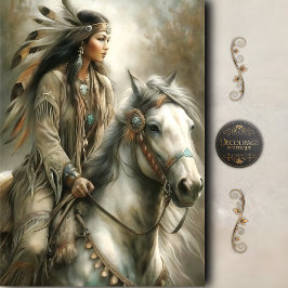 Papel De Seda Riding Native Woman & White Horse Decoupage