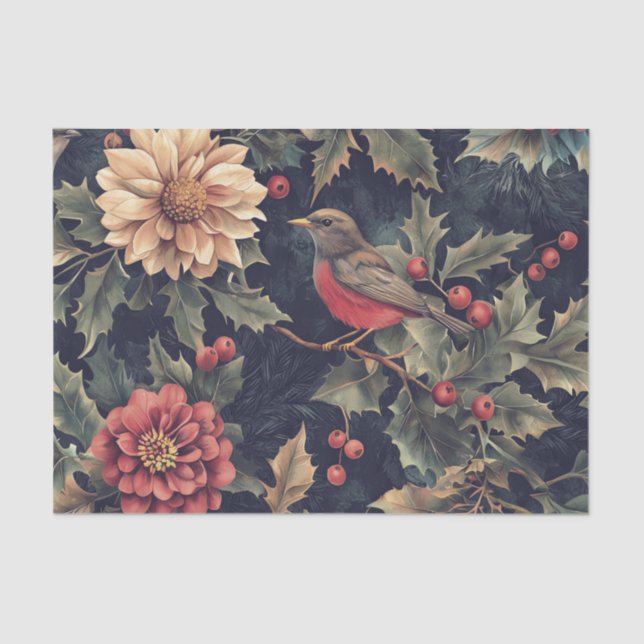 Papel De Seda Robin Bird on a Holly Branch with Flowers (Frente )