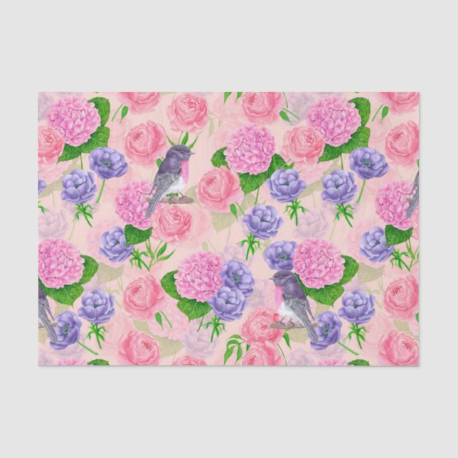 Papel De Seda Robin e flores, padrão de aquarela (Frente )