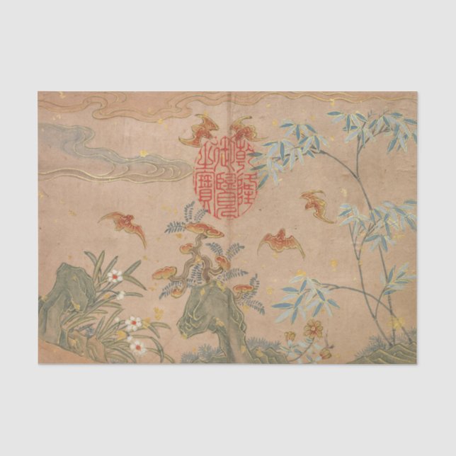 Papel De Seda Rochas de Morcegos Flores Oval Caligrafia por Zhan (Frente )