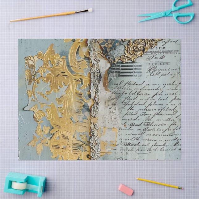 Papel De Seda Rococó Azul Dourado Romântico Italiano (Arte )