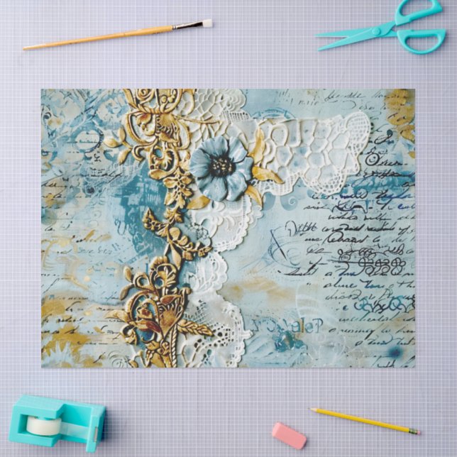 Papel De Seda Rococó Azul Dourado Romântico Italiano (Arte )