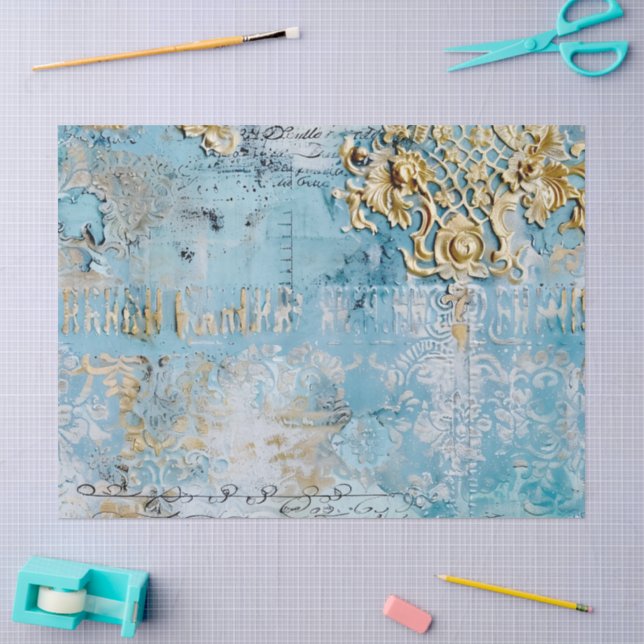 Papel De Seda Rococó Azul Dourado Romântico Italiano (Arte )