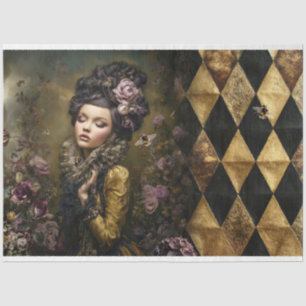 Papel De Seda Rococo Buzz Mulher Vitoriana Xadrez Floral & Abelh