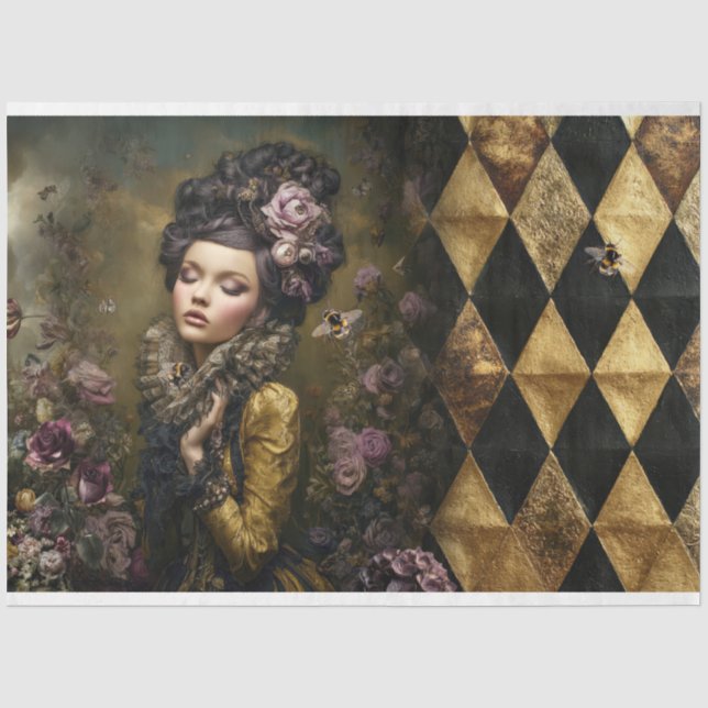 Papel De Seda Rococo Buzz Mulher Vitoriana Xadrez Floral & Abelh (Frente )