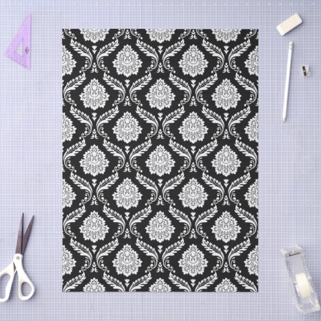 Papel De Seda Rococo Damask Rpt Padrão Branco no Preto (Arte )