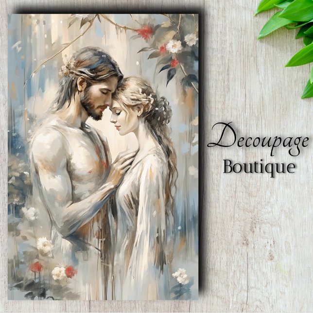 Papel De Seda Romance de Abraço Terno em Azul Desvanecido Decoup (Tender Embrace - Romance in Misty Blues Decoupage Tissue Paper)