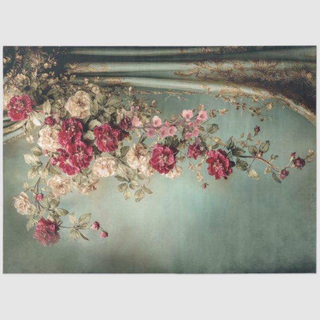 Papel De Seda Romantic Florals & Drape, Crimson & Sage Green (Frente )