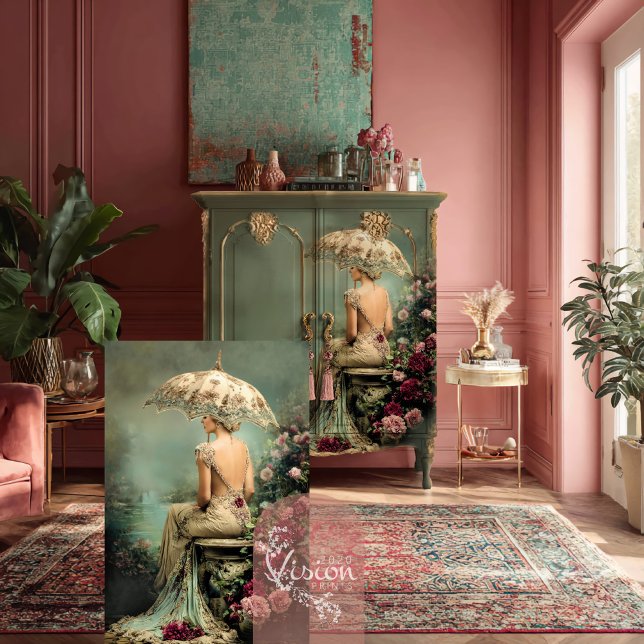 Papel De Seda Romantic Florals Sage Green Lady & a Parasol Art (Romantic Florals, Lady and a Parasol, Sage Green and Crimson Pink Decoupage Tissue Paper.)