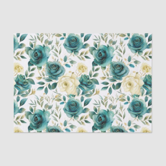 Papel De Seda Romântica Creme Verde-Teal Rosa Floral (Frente )