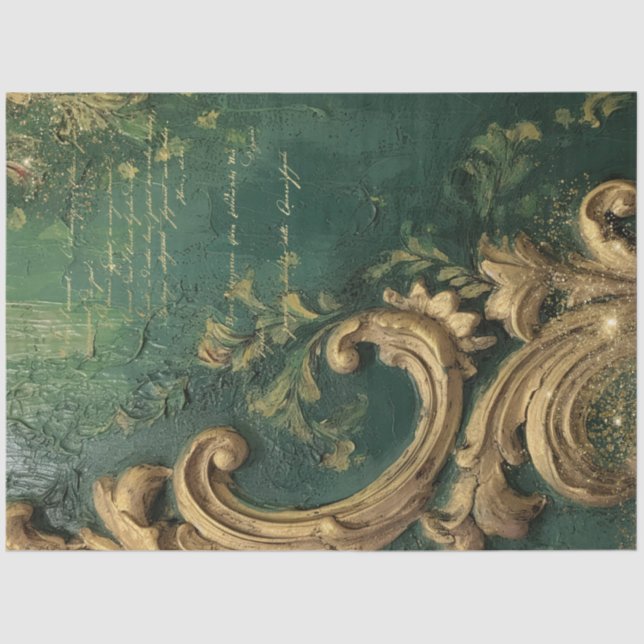 Papel De Seda Romântico Antiquado Esmeralda e Design Dourado Sér (Frente )