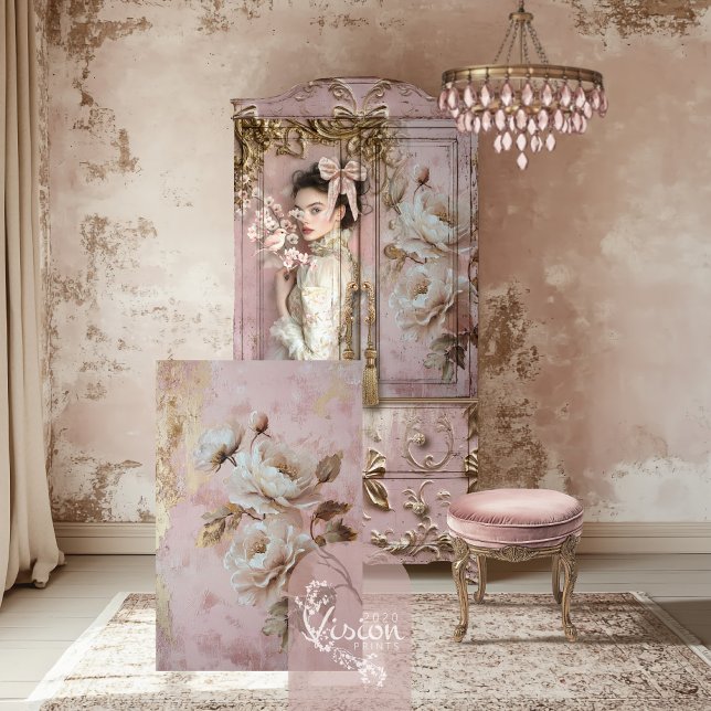 Papel De Seda Romântico Rosa Poeira e Bege Peônia floral (Rose Pink, Romantic Peony Floral and Patina with gold foil effects, Decoupage Tissue Paper.)