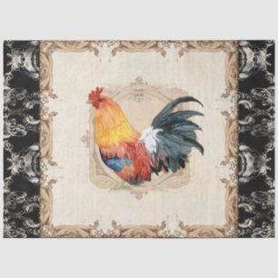 Papel De Seda Rooster Vintage Francês Damask Black Decoupage Tis