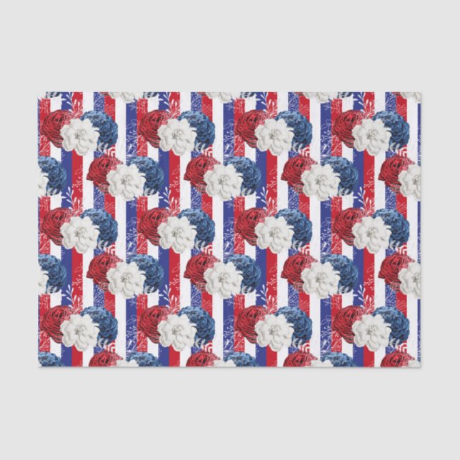 Papel De Seda Rosa Azul Branco Patriótico Stripe Floral (Frente )