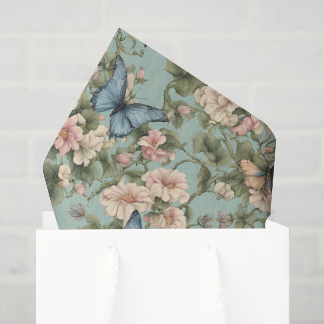 Papel De Seda Rosa Azul Floral e Borboleta Mais Suave (Sacola de presentes)