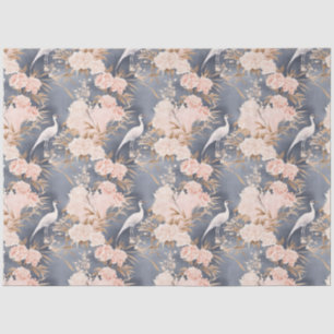 Papel De Seda Rosa Bege Cinza Floral Asiático Pássaro
