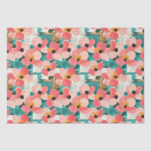 Papel De Seda Rosa Coral Floral Turquesa Vintage