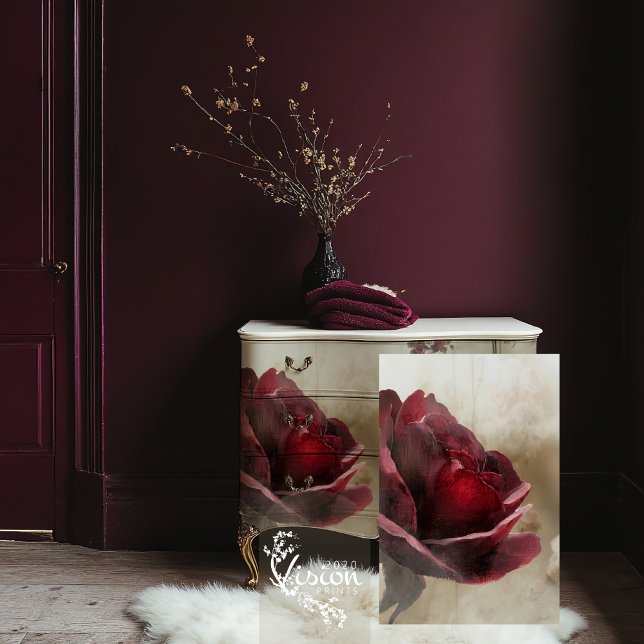 Papel De Seda Rosa de Borgonha, & bege, Feche a Flor (Burgundy Rustic Peony Rose, Macro Flower and Beige background, part 2 of a matching diptych set)