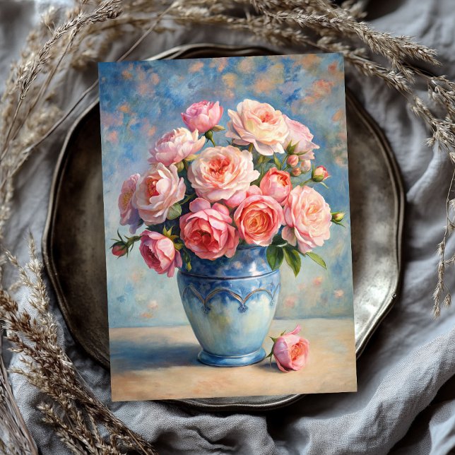 Papel De Seda Rosa de pincel do shabby da vinheta no vaso azul (Vintage shabby blush roses bouquet in blue vase tissue paper)