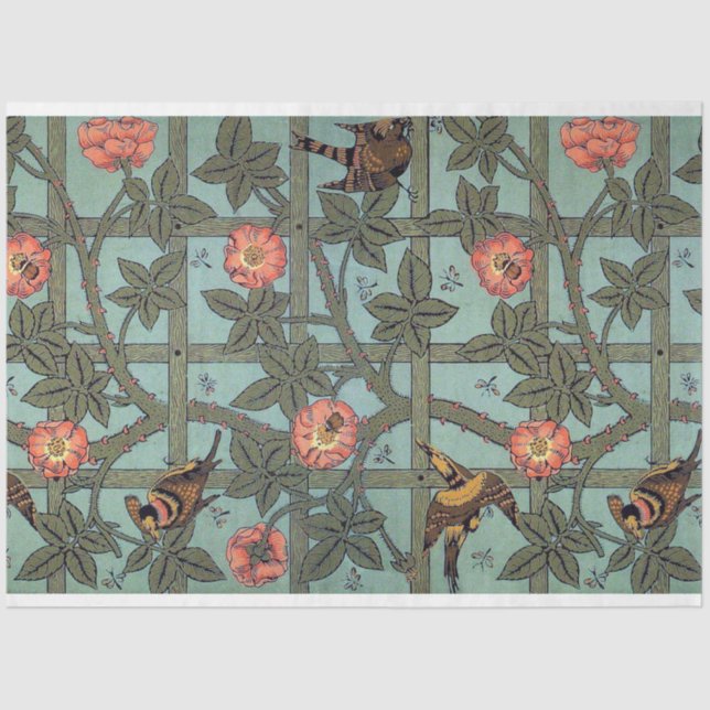 Papel De Seda Rosa de subida e Pássaro pequeno, William Morris (Frente )