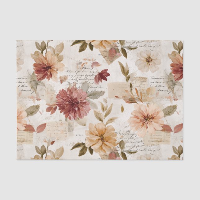 Papel De Seda Rosa Desbotado Floral de Outono (Frente )