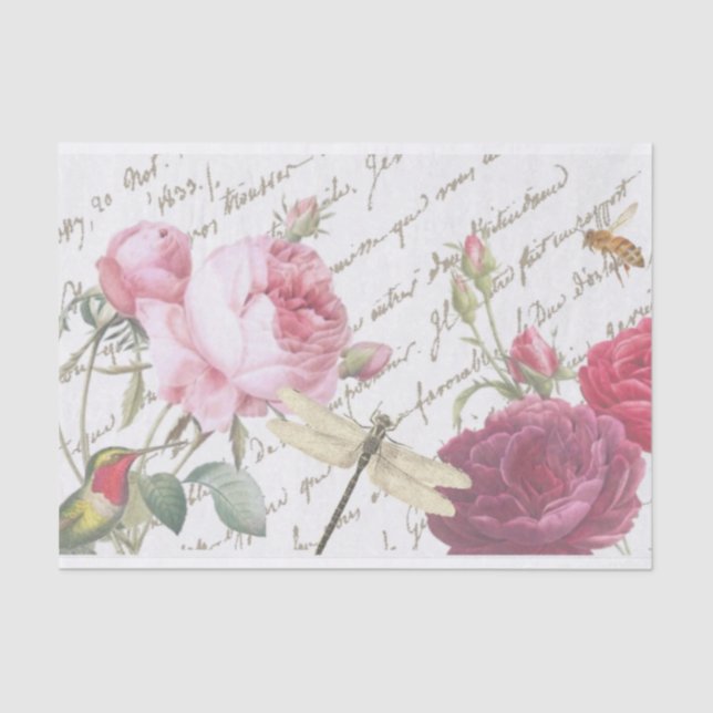 Papel De Seda Rosa Dragonfly White Script Honeybee Tissue Paper (Frente )