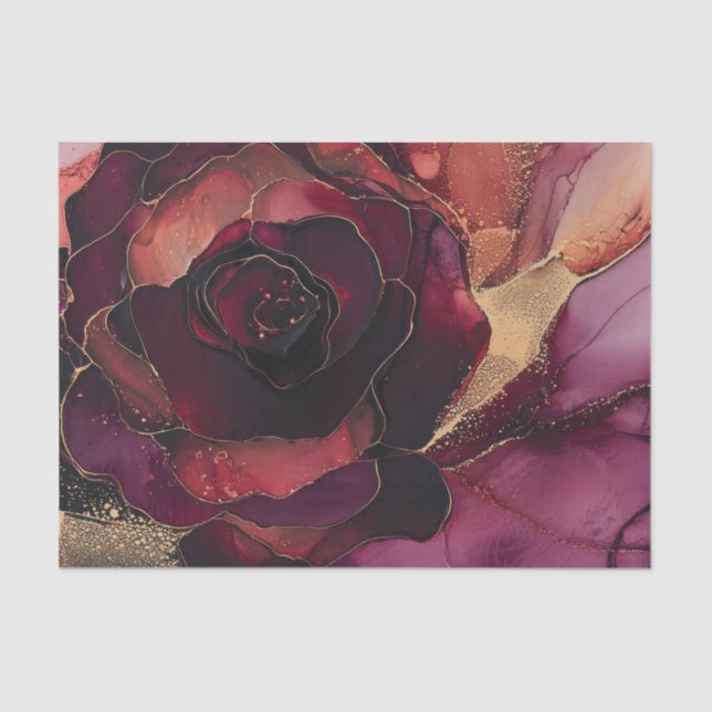 Papel De Seda Rosa Floral Dourado Borgonha (Frente )