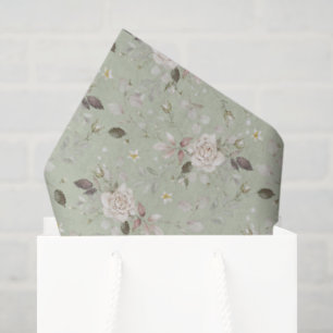 Papel De Seda Rosa Floral Vintage Verde Salvia