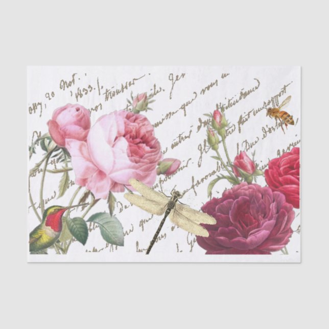 Papel De Seda Rosa Hummingbird Dragonfly Script Honeybee Francês (Frente )